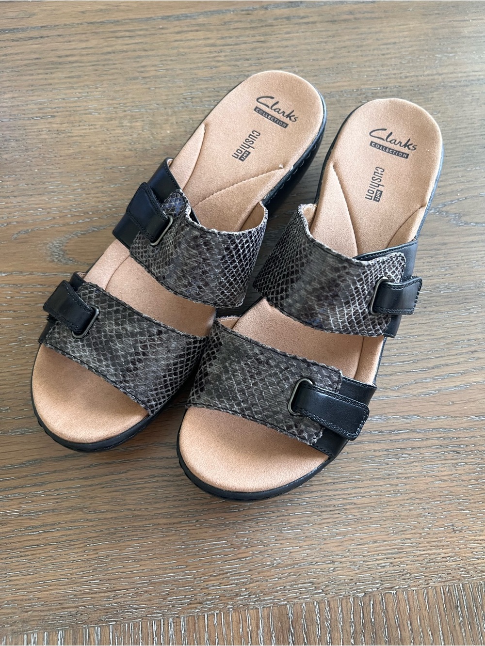 Clarks Charcoal Grey Snake-Print Double-Strap Slide Sandals Size 11